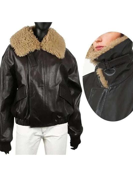 Women's Shearling Collar Leather Jacket Dark Chocolate - LEMAIRE - BALAAN 2