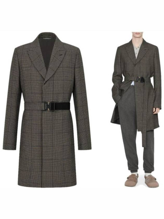 Homme Houndstooth Belted Single Coat Dark Brown - DIOR - BALAAN.