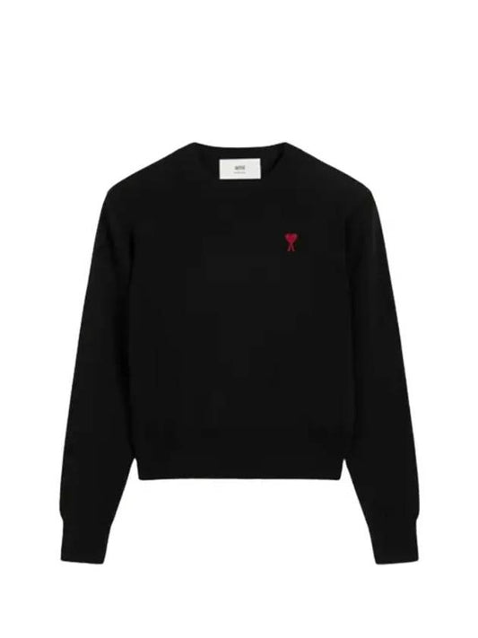 Heart Logo Crew Neck Merino Wool Knit Top Black - AMI - BALAAN 2