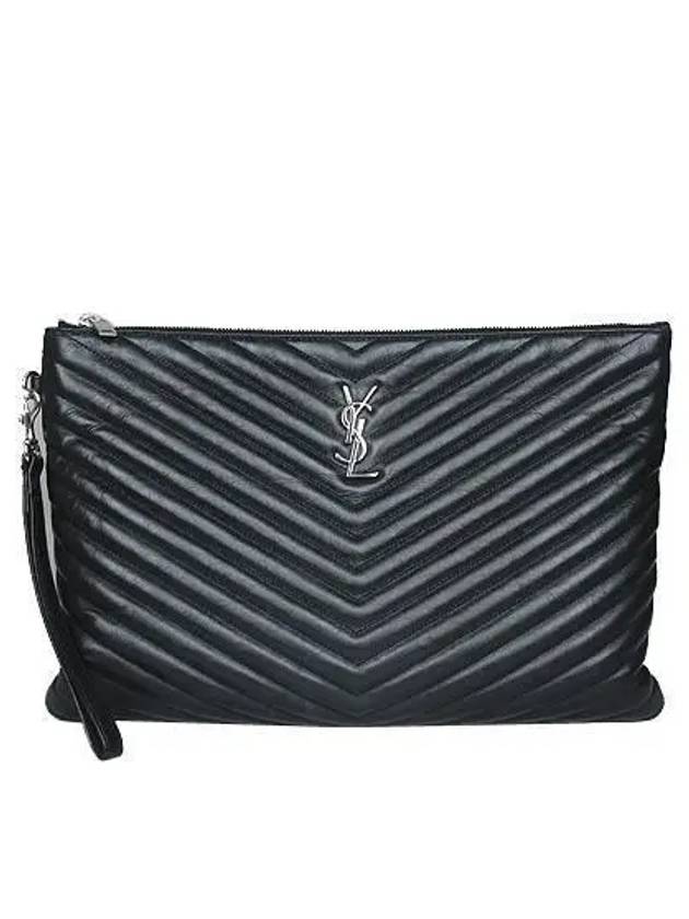 440222 YSL silver logo black lambskin matelass strap clutch bag - SAINT LAURENT - BALAAN 2