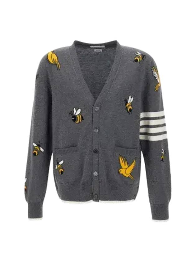 Men's Merino Bird Bee 4 Bar V-Neck Merino Cotton Cardigan Medium Grey - THOM BROWNE - BALAAN 2