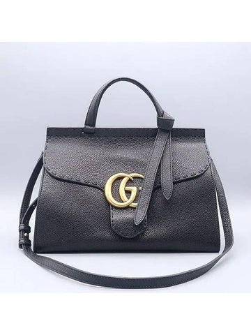 421890 Black leather GG Marmont top handle small gold logo tote bag shoulder strap 2WAY - GUCCI - BALAAN 1