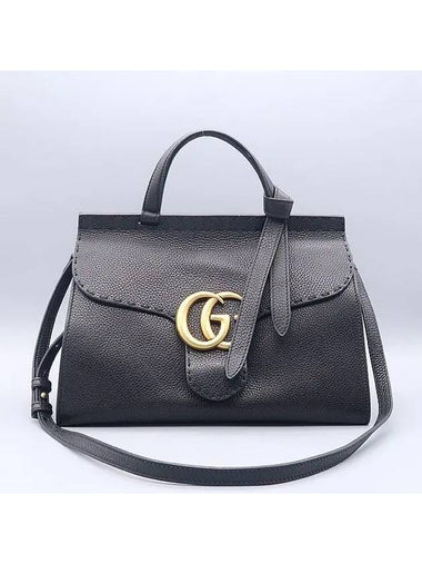 421890 Black leather GG Marmont top handle small gold logo tote bag shoulder strap 2WAY - GUCCI - BALAAN 1