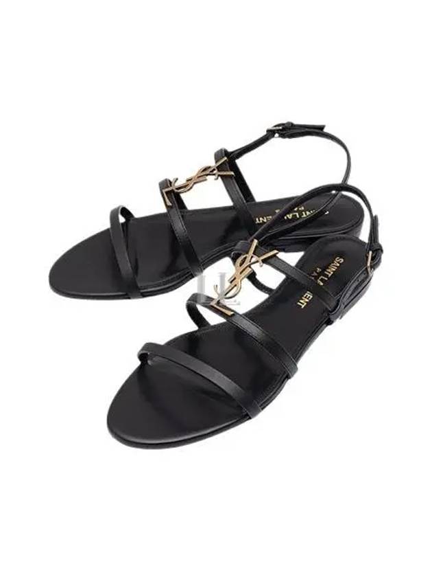 Women's Smooth Leather Gold Tone Monogram Detail Cassandra Flat Sandals Black - SAINT LAURENT - BALAAN 2