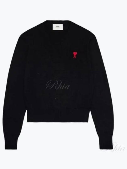 Heart Embroidered Logo Crew Neck Knit Top Black - AMI - BALAAN 2