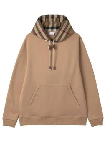 Check trim cotton blend relaxed fit hooded camel t shirt hoodie - BURBERRY - BALAAN 1