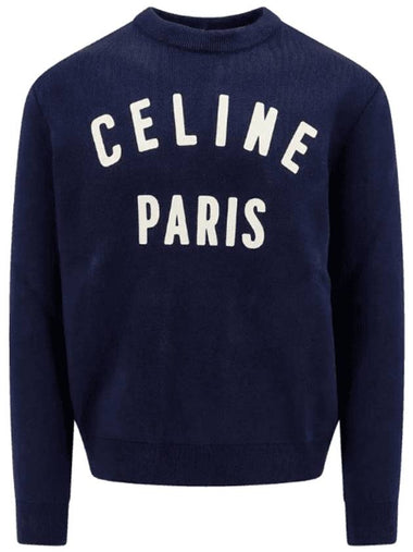 Logo Print Crew Neck Cotton Knit Top Navy - CELINE - BALAAN 1