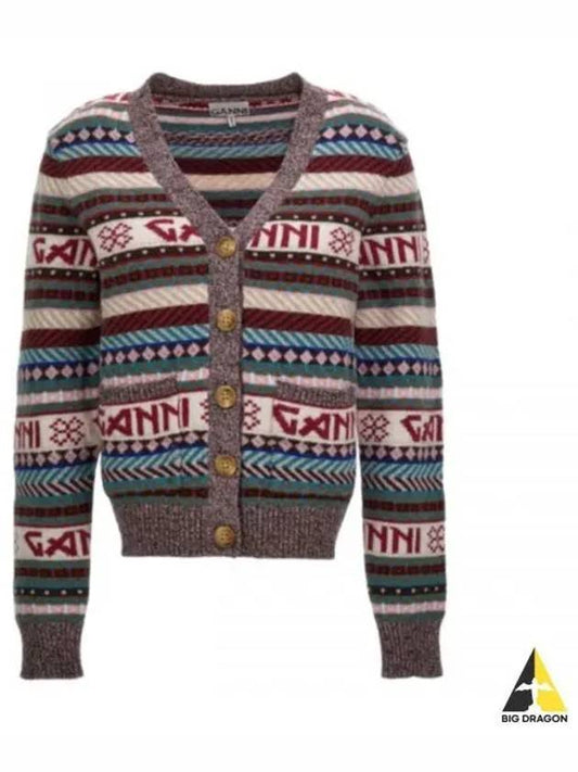 Logo Stripe Wool Blend Knit Cardigan - GANNI - BALAAN 2