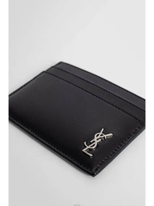 YLS Minimal Silver Tone Logo Monogram Smooth Leather Card Holder Black - SAINT LAURENT - BALAAN 2