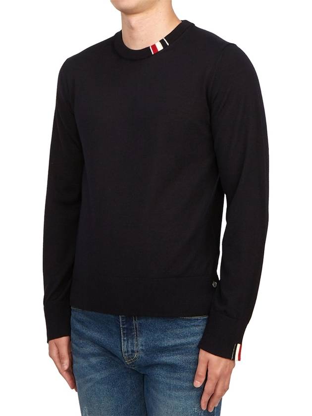 Intarsia Stitch Crew Neck Merino Wool Knit Top Navy - THOM BROWNE - BALAAN 3