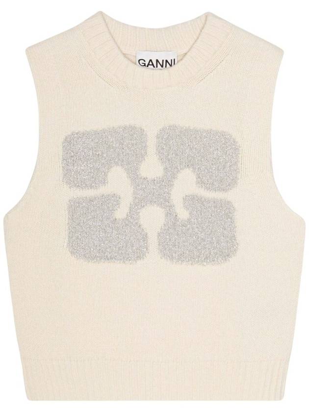 Graphic Wool Mix Vest Knit Top Egret - GANNI - BALAAN 2