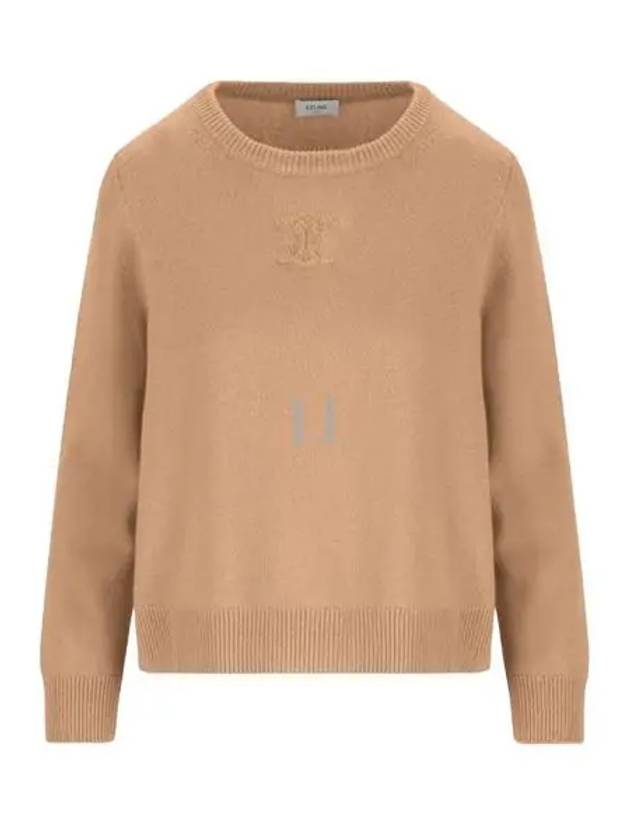 Triomphe Jacquard Crew Neck Heritage Cashmere Knit Top Camel - CELINE - BALAAN 2