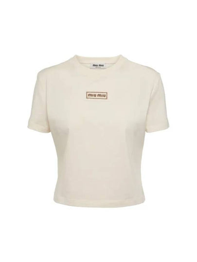 Logo Patch Crop Cotton Short Sleeve T-shirt Light Beige - MIU MIU - BALAAN 2