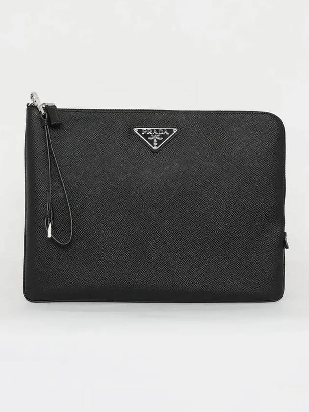 Triangle Logo Large Saffiano Clutch Bag Black - PRADA - BALAAN 4