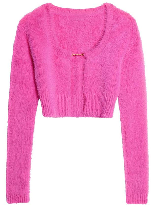 La Maille Neve Manches Longues Fluffy Charm Logo Cardigan Pink - JACQUEMUS - BALAAN 2