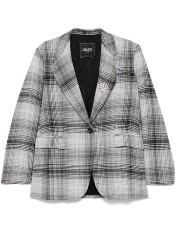 Liu Jo Gray Plaid Cotton-Blend Blazer With Pin - LIU JO - BALAAN 1