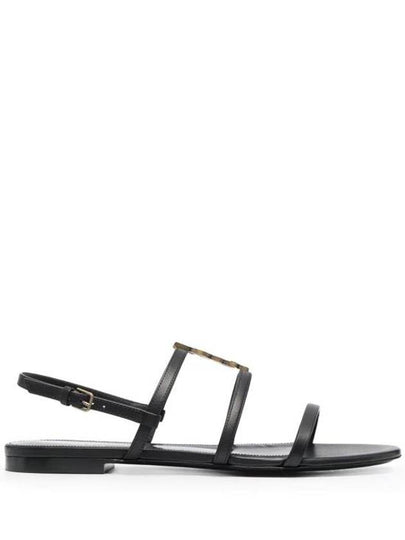 Women's Smooth Leather Gold Tone Monogram Detail Cassandra Flat Sandals Black - SAINT LAURENT - BALAAN 2