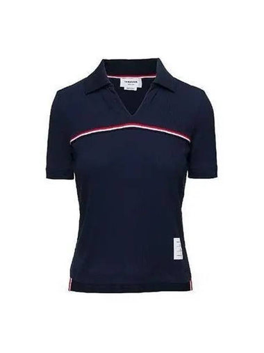 Women s Rib Polo Cotton Short Sleeve Navy White Light Gray FJP076A J0066 - THOM BROWNE - BALAAN 1