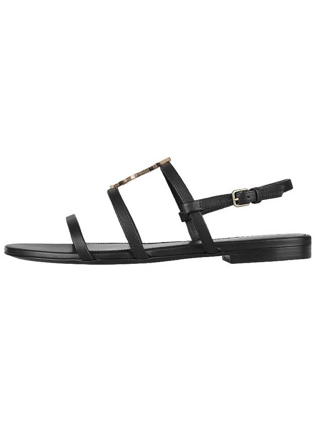 Women's Smooth Leather Gold Tone Monogram Detail Cassandra Flat Sandals Black - SAINT LAURENT - BALAAN 4