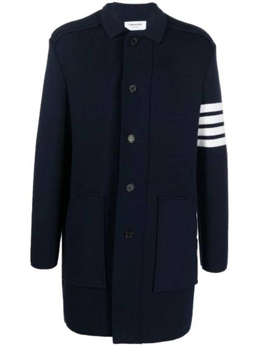 Cotton Cashmere Interlock 4-Bar Polo Collar Overcoat Navy - THOM BROWNE - BALAAN 1