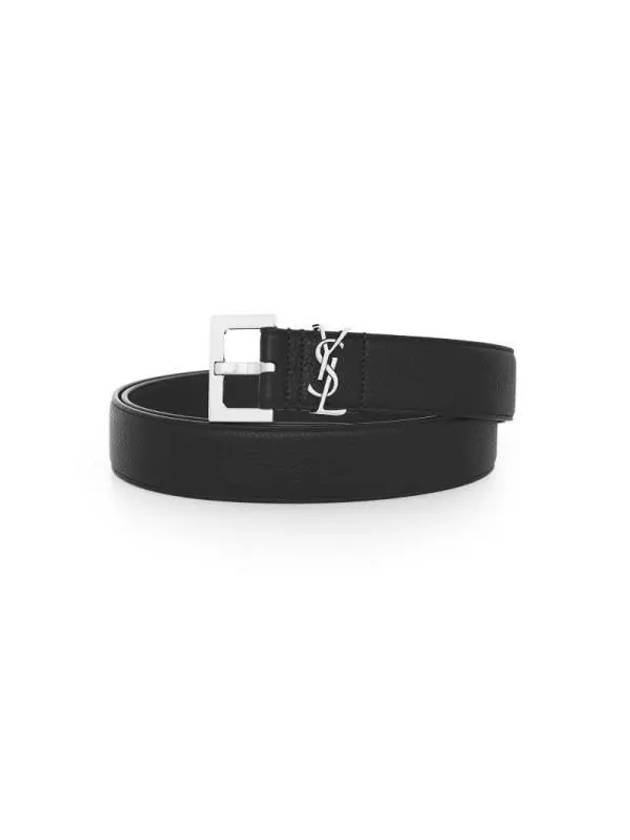 Grained Leather Silver Monogram Belt Black - SAINT LAURENT - BALAAN 3