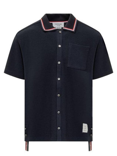 Three-Line Collar Texture Cotton Short Sleeve Shirt Navy - THOM BROWNE - BALAAN 1