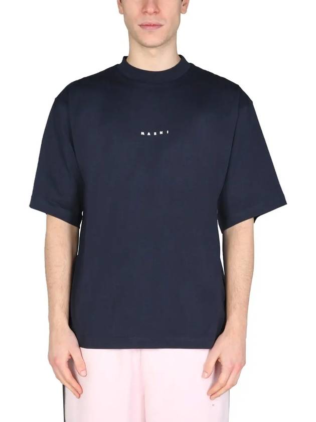 Logo Organic Cotton Short Sleeve T-Shirt Navy - MARNI - BALAAN 2