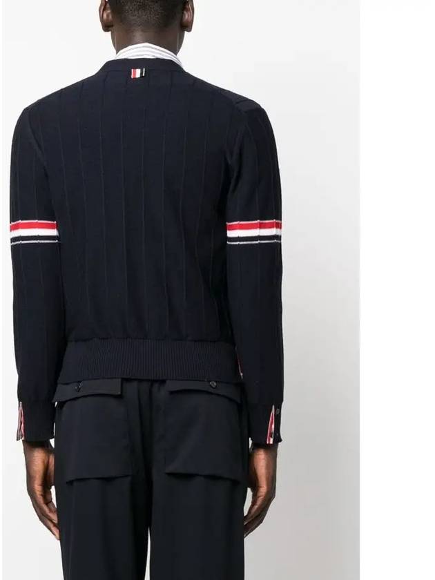 RWB V-neck Striped Virgin Wool Cardigan Navy - THOM BROWNE - BALAAN 6