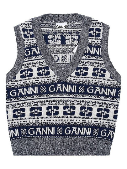 Logo Wool Mix Vest Knit Top Sky Captain - GANNI - BALAAN 2