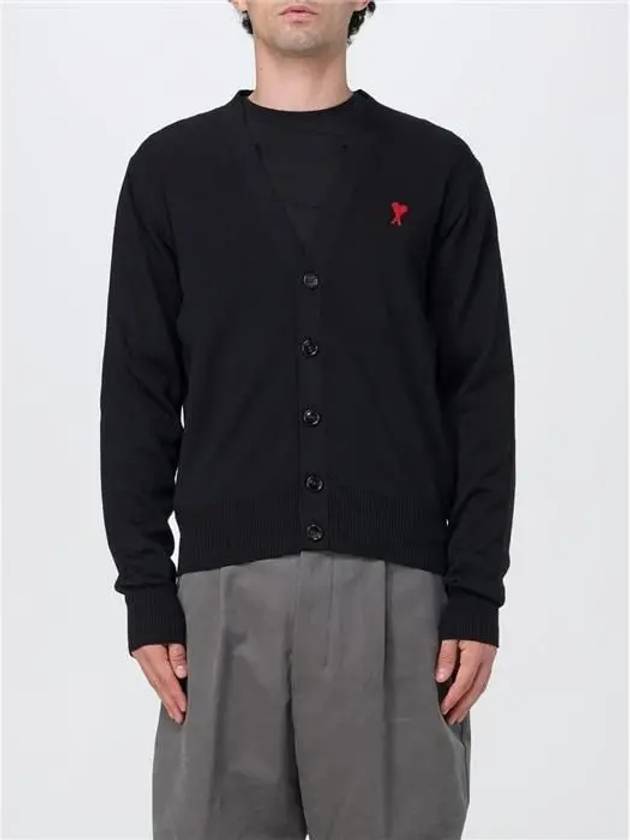 Red Heart Logo Merino Wool Cardigan Black - AMI - BALAAN 6