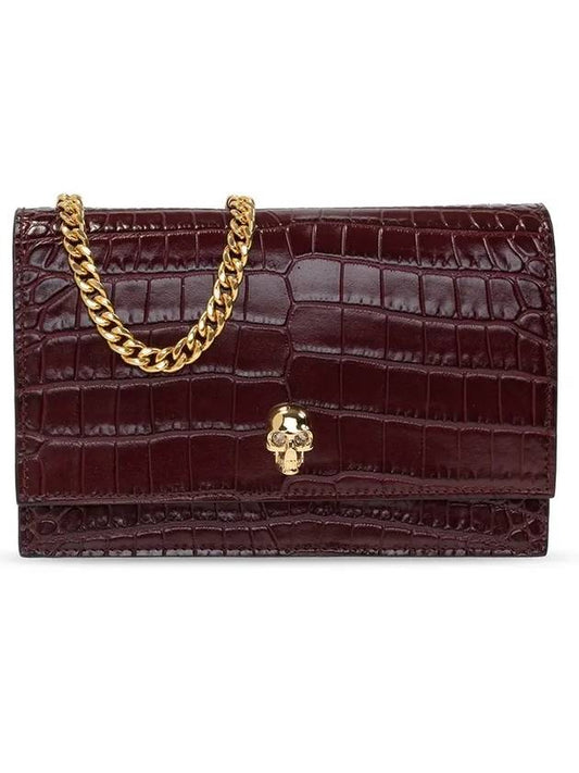 Gold Plated Skull Crocodile Leather Mini Shoulder Bag Burgundy - ALEXANDER MCQUEEN - BALAAN.