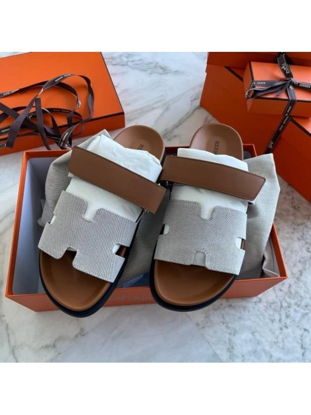 Chypre Canvas Calfskin Sandals Pronoir Natural - HERMES - BALAAN 2