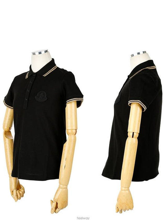 Women's Logo Glitter Detail Short Sleeve PK Shirt Black - MONCLER - BALAAN 2
