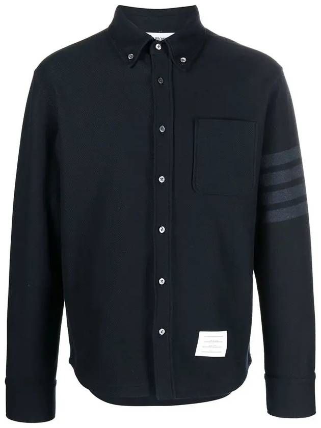 Men's 4 Bar Tech Twill Button Down Long Sleeve Shirt Navy - THOM BROWNE - BALAAN 3