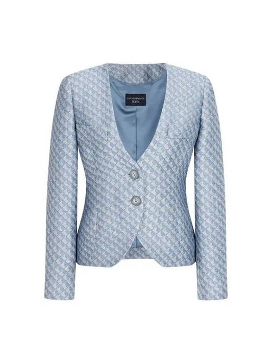 Women s Deep V neck Jacquard Single Jacket Blue - EMPORIO ARMANI - BALAAN 1