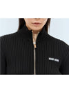 Logo Patch Rib High Neck Zip-Up Wool Cardigan Black - MIU MIU - BALAAN 5