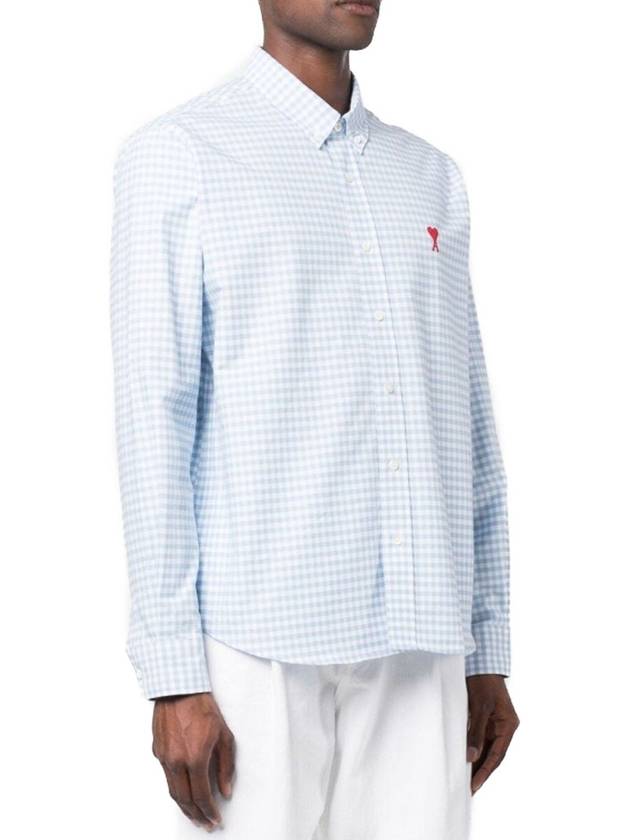 Small Heart Logo Gingham Button Long Sleeves Shirt Sky Blue - AMI - BALAAN 4