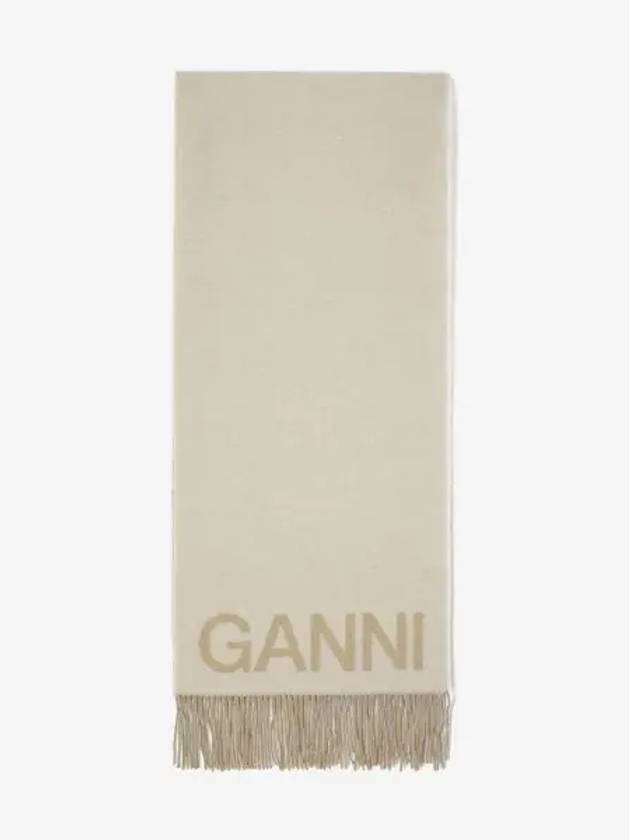 Logo Print Fringe Wool Muffler Beige - GANNI - BALAAN 2