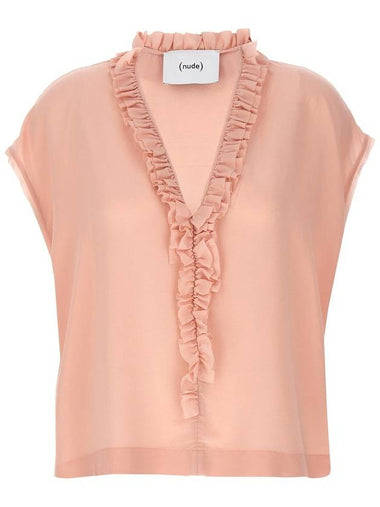 Nude Ruffled Silk Blouse - NUDE - BALAAN 1