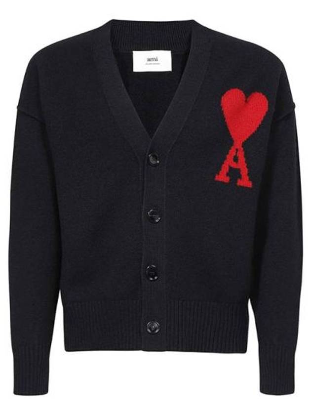 Heart Logo V Neck Wool Cardigan Black - AMI - BALAAN 2