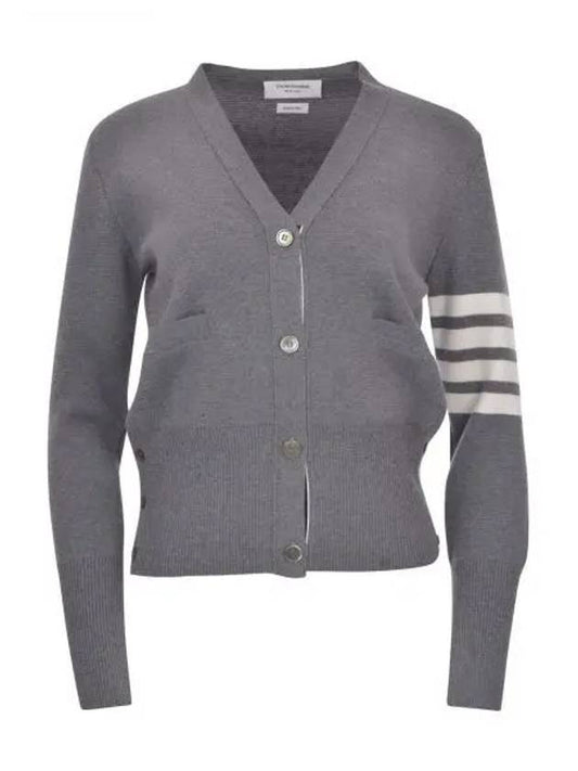 Milano Stitch 4 Bar Classic V Neck Fine Merino Wool Cardigan Medium Grey - THOM BROWNE - BALAAN 2