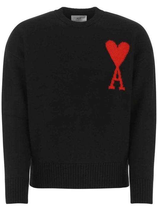 Big Heart Logo Oversized Intarsia Knit Top Black - AMI - BALAAN.