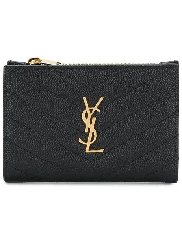 Grain Leather Quilted Stitch Card Wallet Black - SAINT LAURENT - BALAAN 3