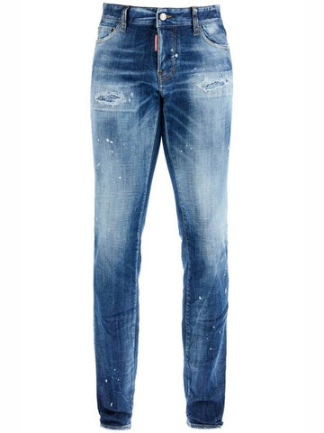 navy blue vintage effect cotton jeans with visible logo - DSQUARED2 - BALAAN 1