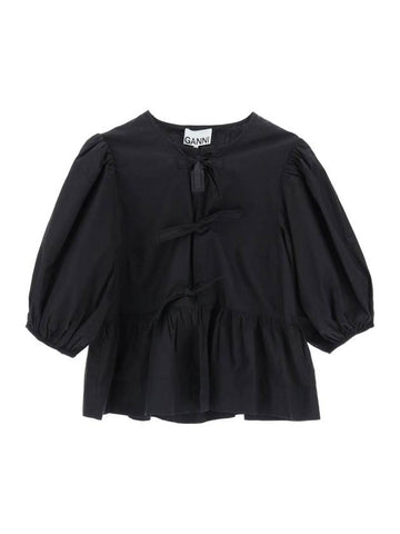 Poplin Peplum Tie Cotton Blouse Black - GANNI - BALAAN 1