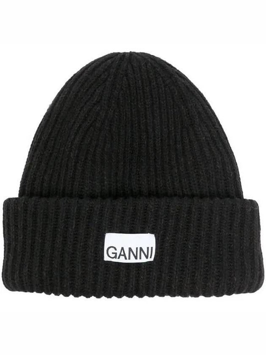 logo patch wool beanie black - GANNI - BALAAN.