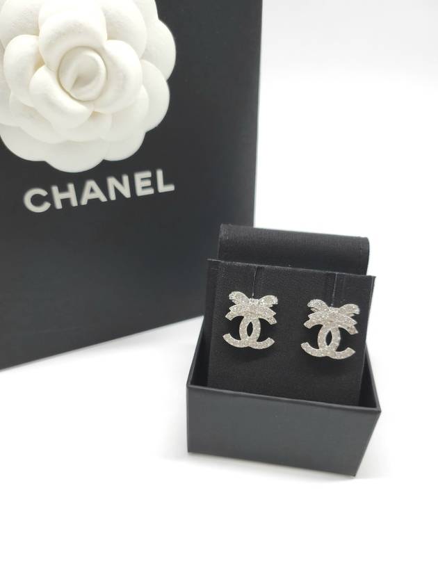 CC Logo Ribbon Metal Diamantes Crystal Earrings Silver - CHANEL - BALAAN 8