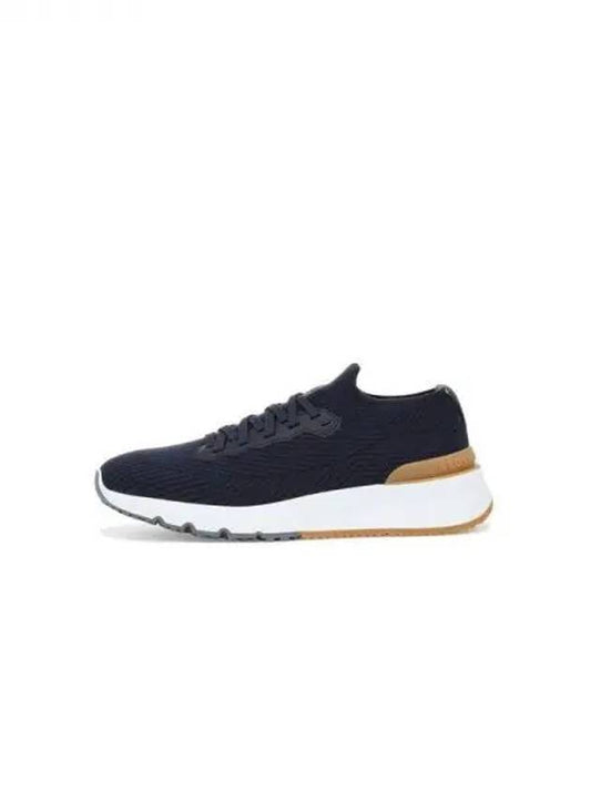 Men s Leather Patch Lace up Knit Sneakers Navy 270126 - BRUNELLO CUCINELLI - BALAAN 1