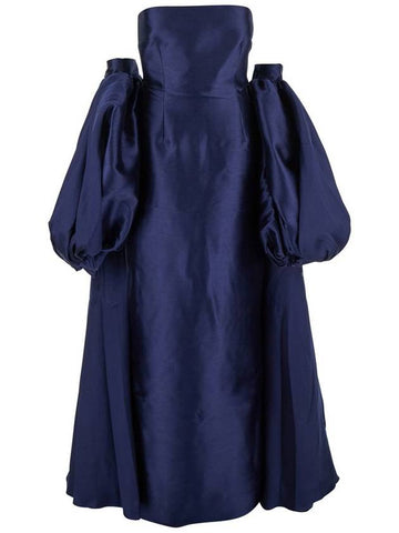 'Lea' Blue Long Dress With Rear Cape Insert And Train In Tech Fabric Stretch Woman - SOLACE LONDON - BALAAN 1