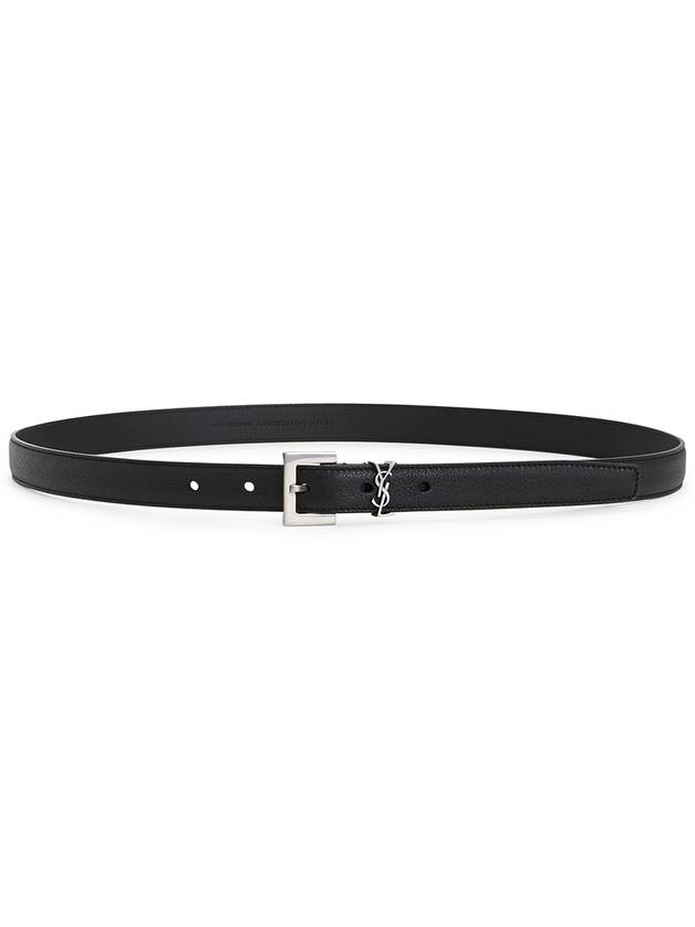 Men's Monogram Silver Buckle Leather Belt Black - SAINT LAURENT - BALAAN 3